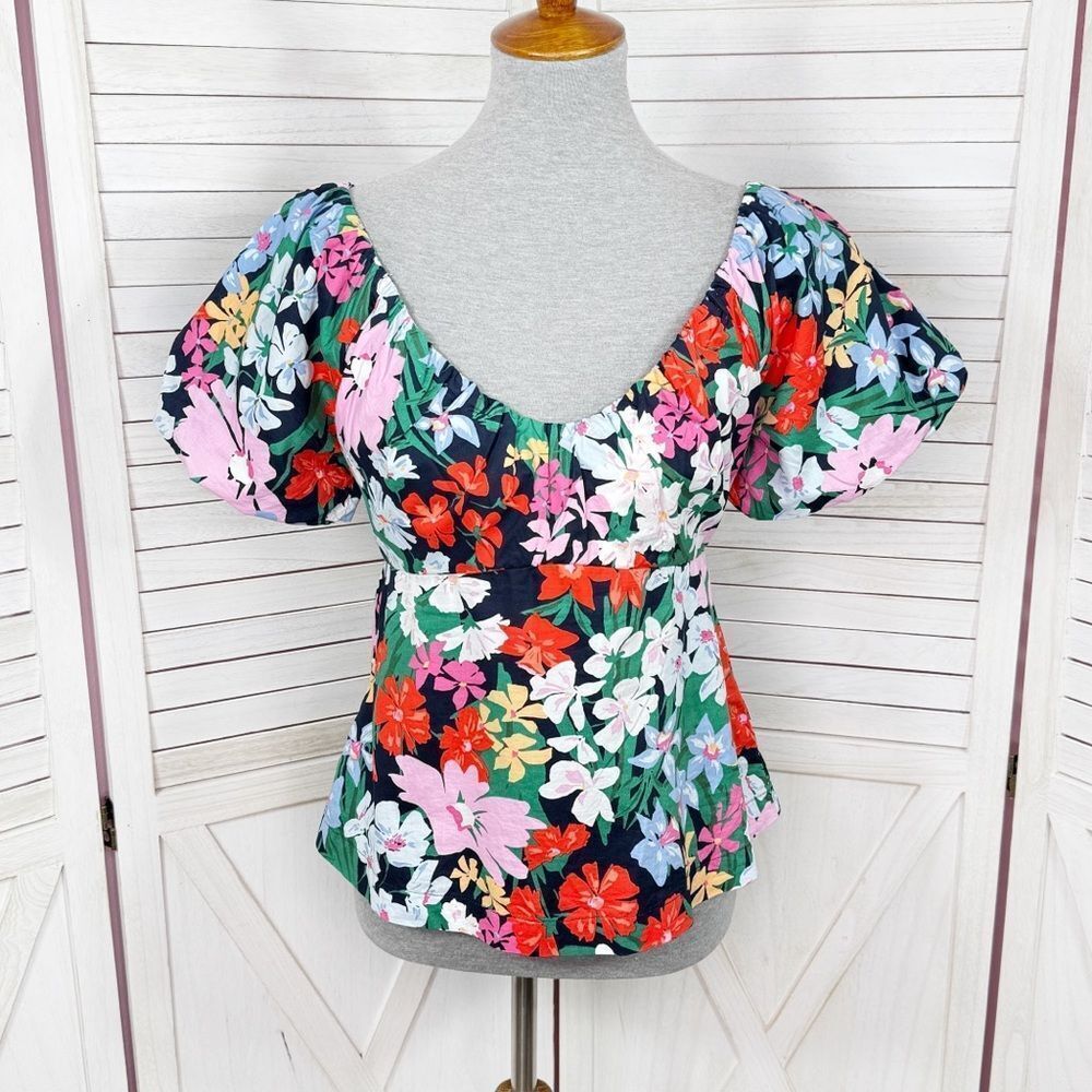 Old Navy Floral Puff Sleeve Peplum Flared Hem V Neck Top Shirt Blue Multi‎ Small
